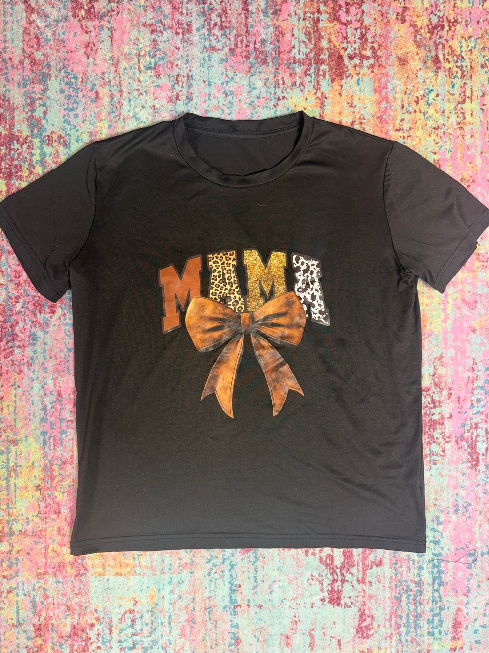 Black 'MOM' Graphic Short Sleeve Tee with Leopard Accents and Brown Bow